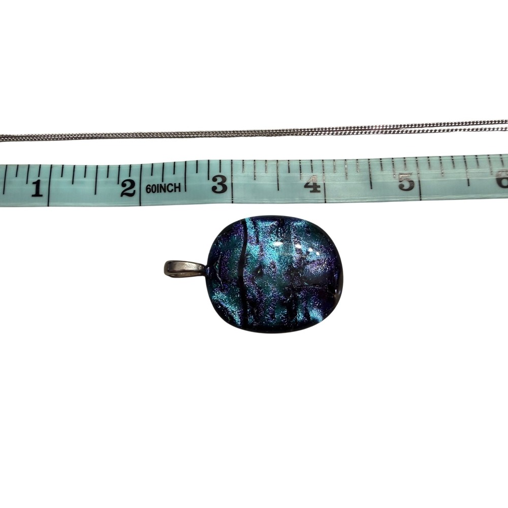 Dichroic Fused Glass Pendant Necklace Set Blue Aqua Iridescent Silver Chain - Picture 4 of 8